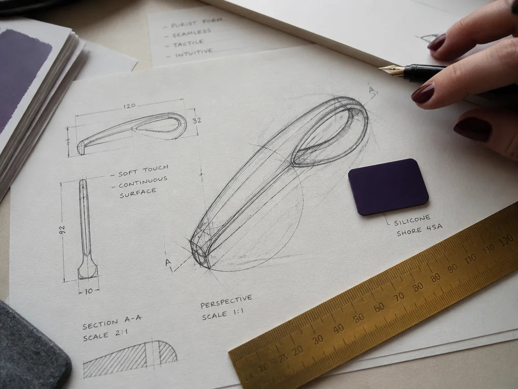 Top-down 4:3 format photograph. A designer's desk with a detailed technical sketch of an elegant cur