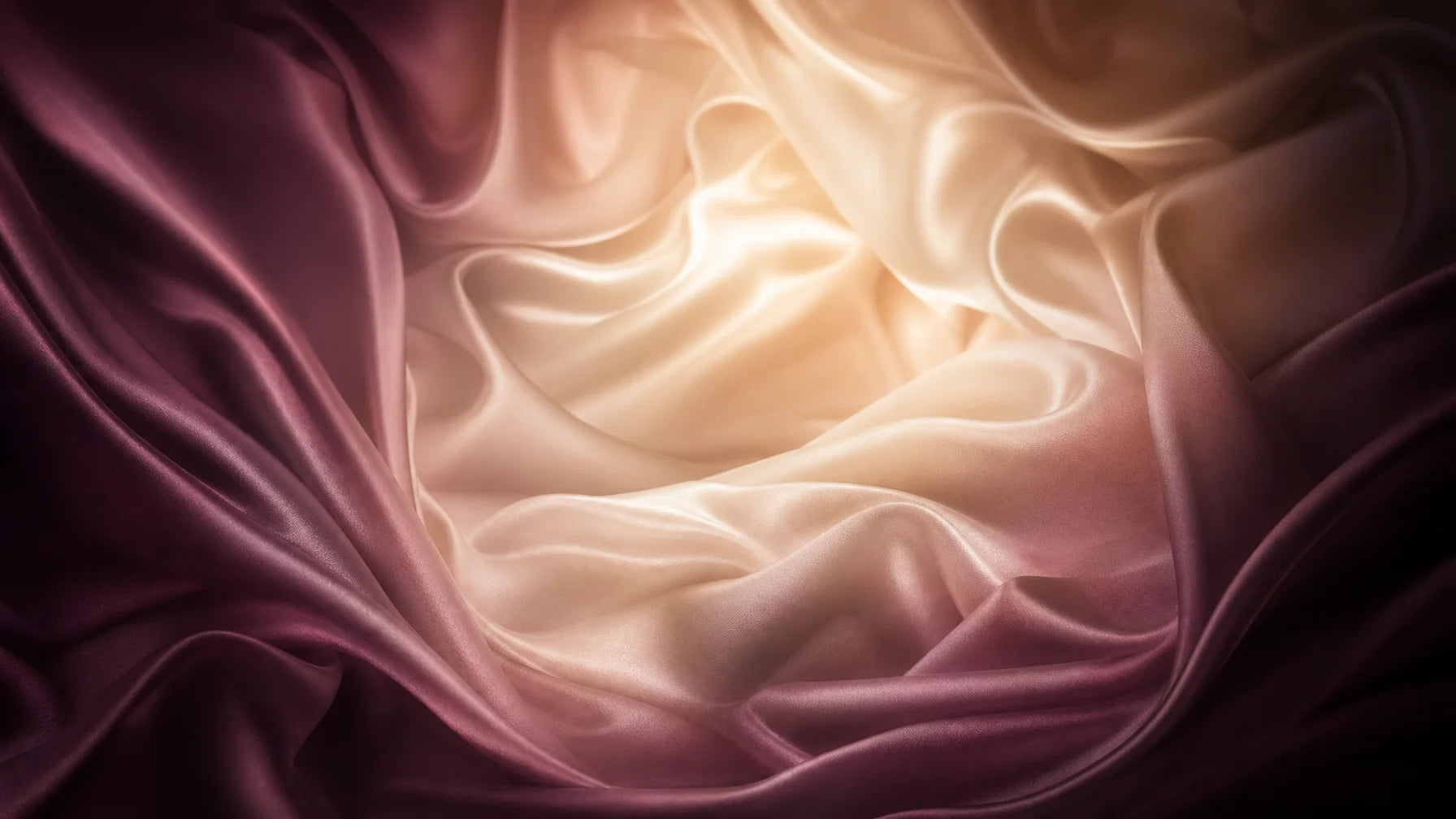 Wide 16:9 editorial banner. A dreamy soft-focus composition of draped silk fabric in shades of deep