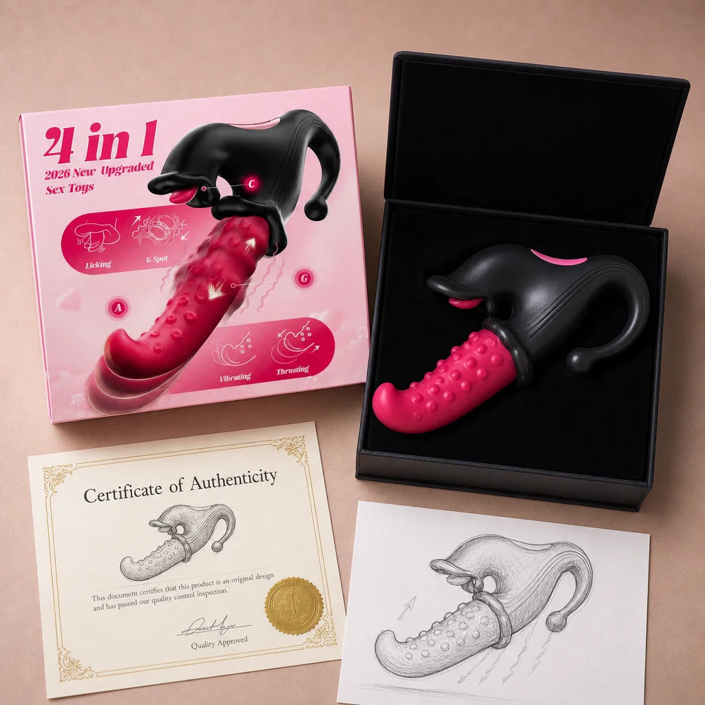 Square flatlay photography of the Symphonie stimulator resting on its open, black velvet-lined box,