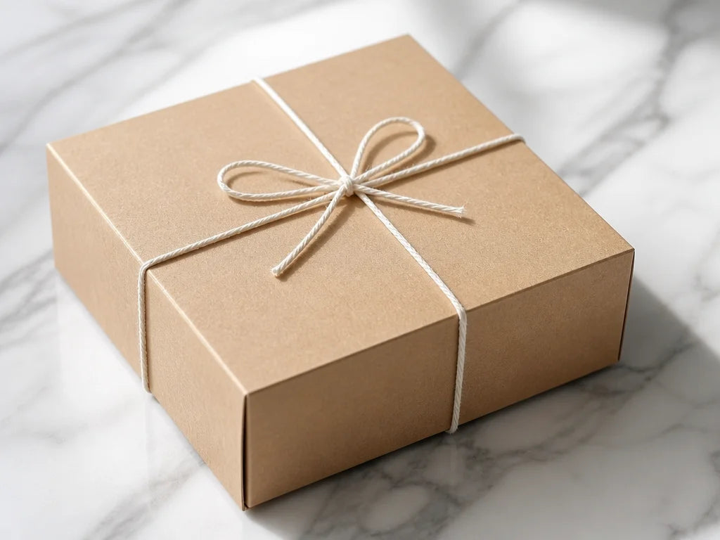 4:3 format, a close-up of a simple, unbranded kraft paper box tied with a natural cotton string, res