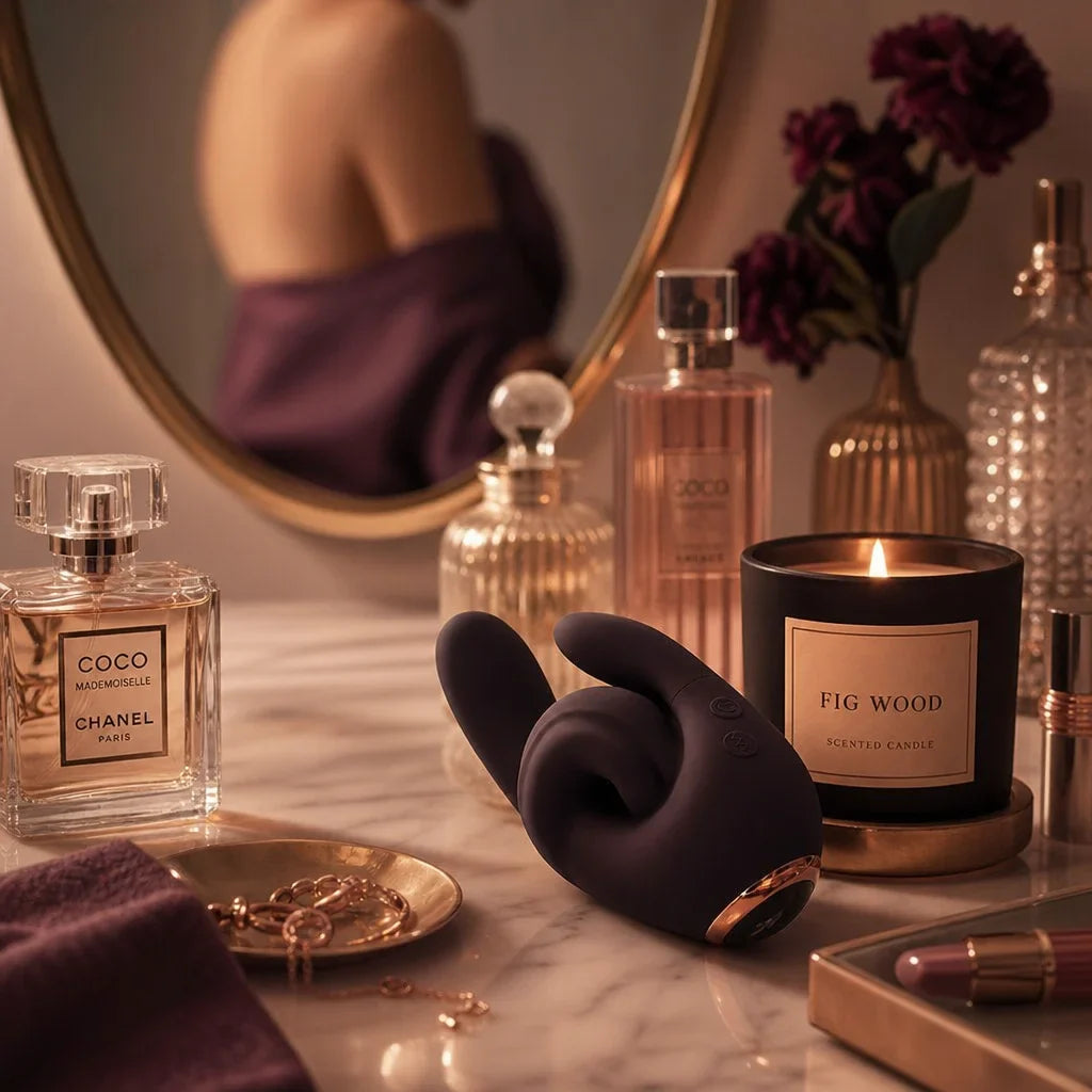 Le rituel beauté — Vanity en marbre blanc, flacons de parfum, bougie figue allumée. Fusion posé parmi les soins, comme un sérum. Le miroir doré reflète une silhouette tranquille.